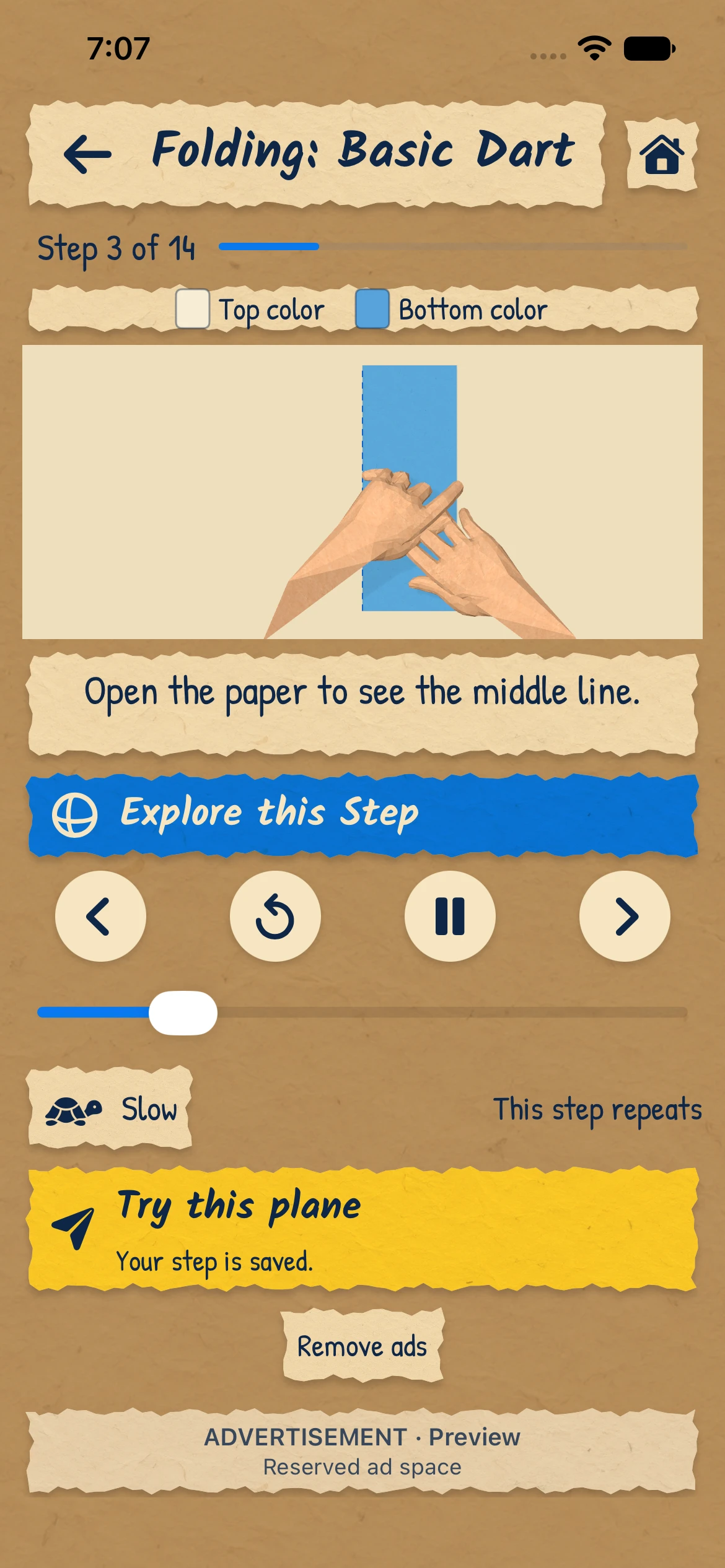 Throwigami folding tutorial, with paper hands, playback controls and Explore this Step on iPhone