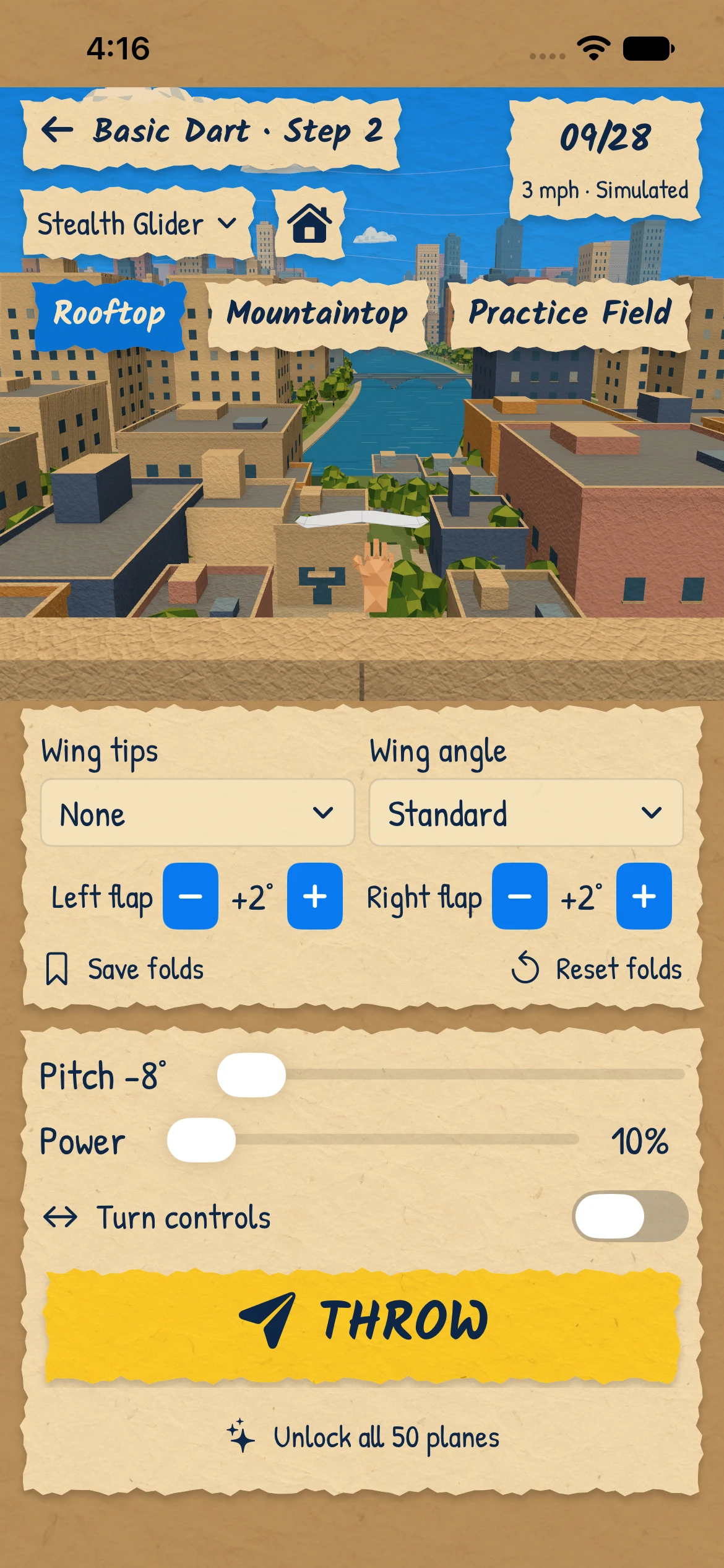 Throwigami flight simulator with a rooftop view and adjustable plane controls on iPhone
